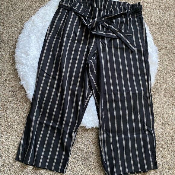 J. Jill Linen Stretch Striped Wide Leg Crop Pants Elastic Waist Belted Women’s - Picture 1 of 7